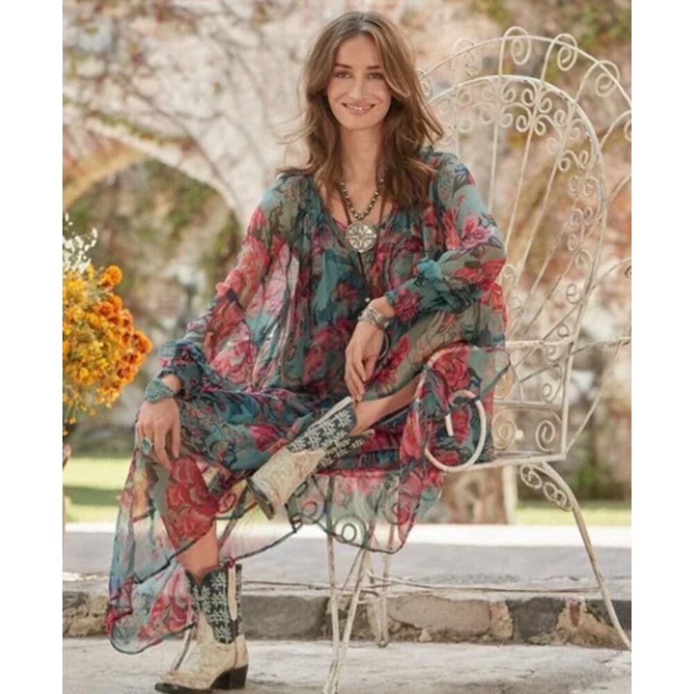 Sundance Dress Janella Midi Sheer Floral Boho Western Country Sundress Feminine - Picture 2 of 9